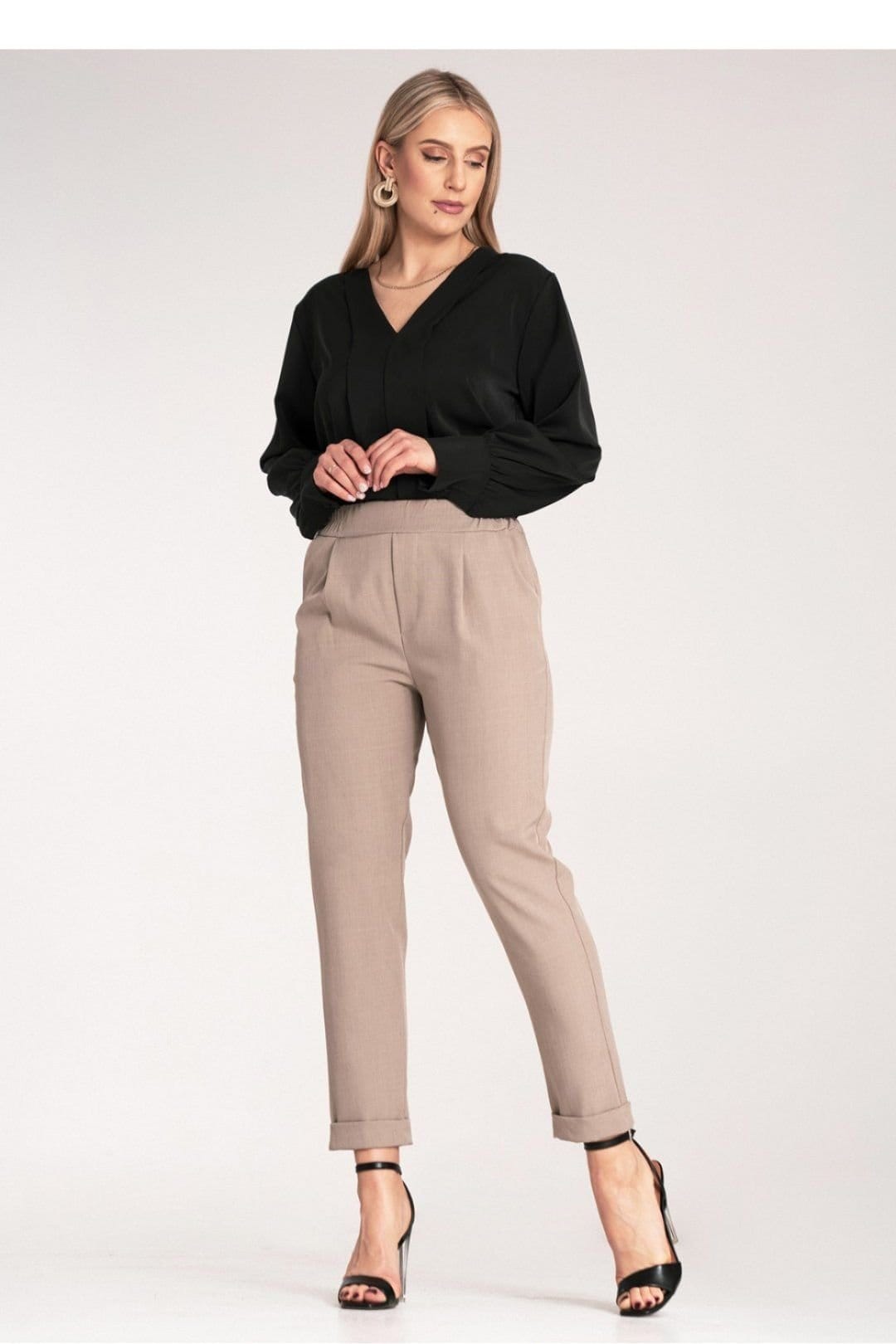 Love Lace Love Lace Women's Elegant Fitted High Waist Trousers with Cuffs in Beige - 4