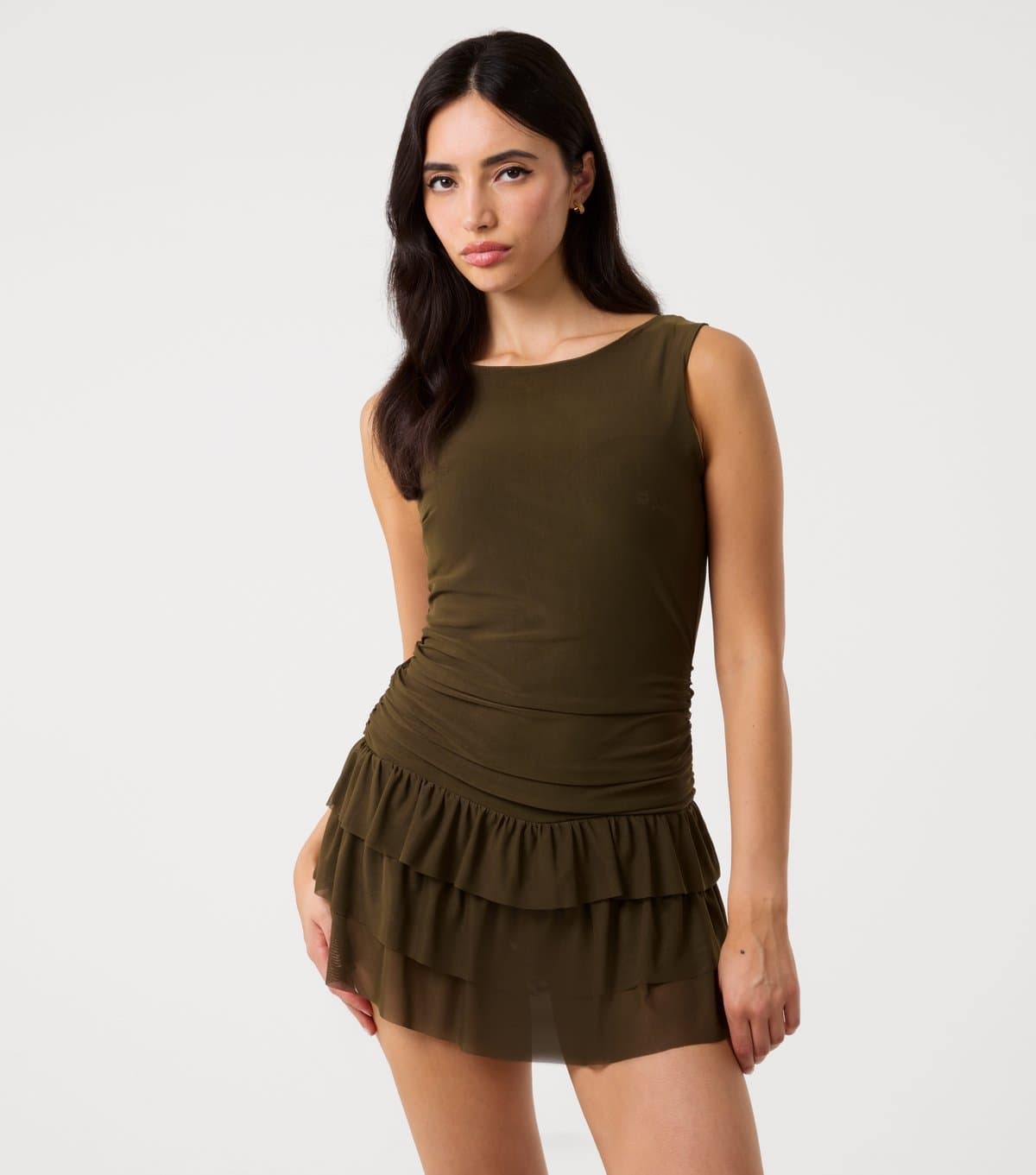 Pink Vanilla Women's Dark Khaki Sleeveless Tiered Ruffle Mini Dress Pink Vanilla New Look