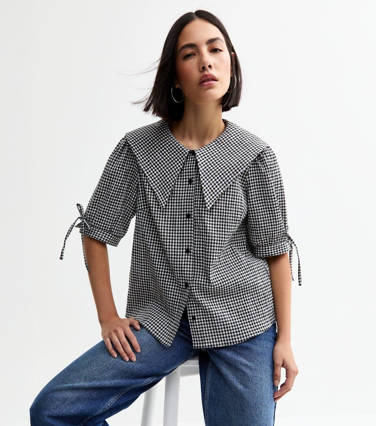 New Look Women's Black Gingham Oversized Collar Short Sleeve Top New Look