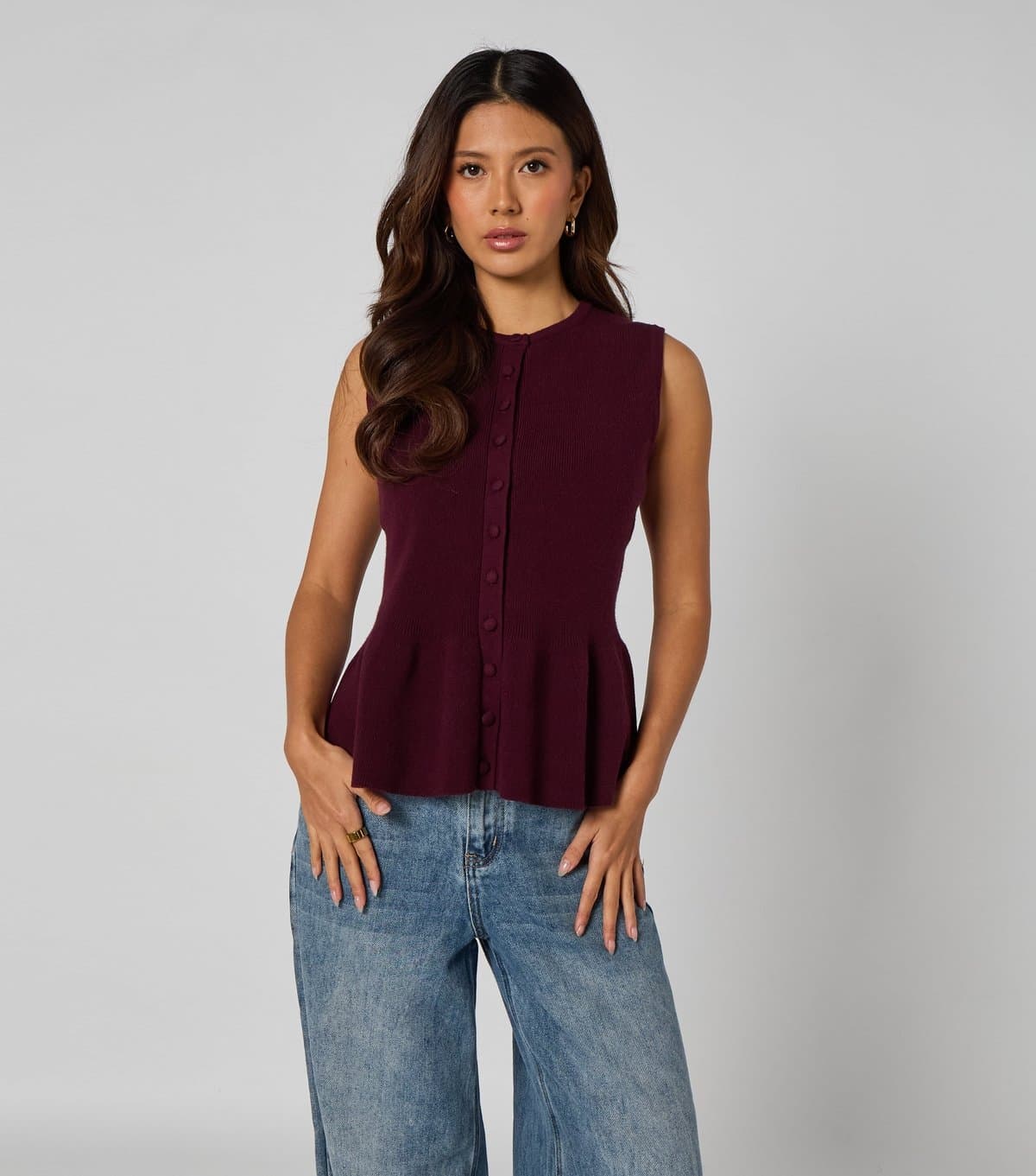 Urban Bliss Women's Burgundy Peplum Button Front Vest Top Urban Bliss New Look