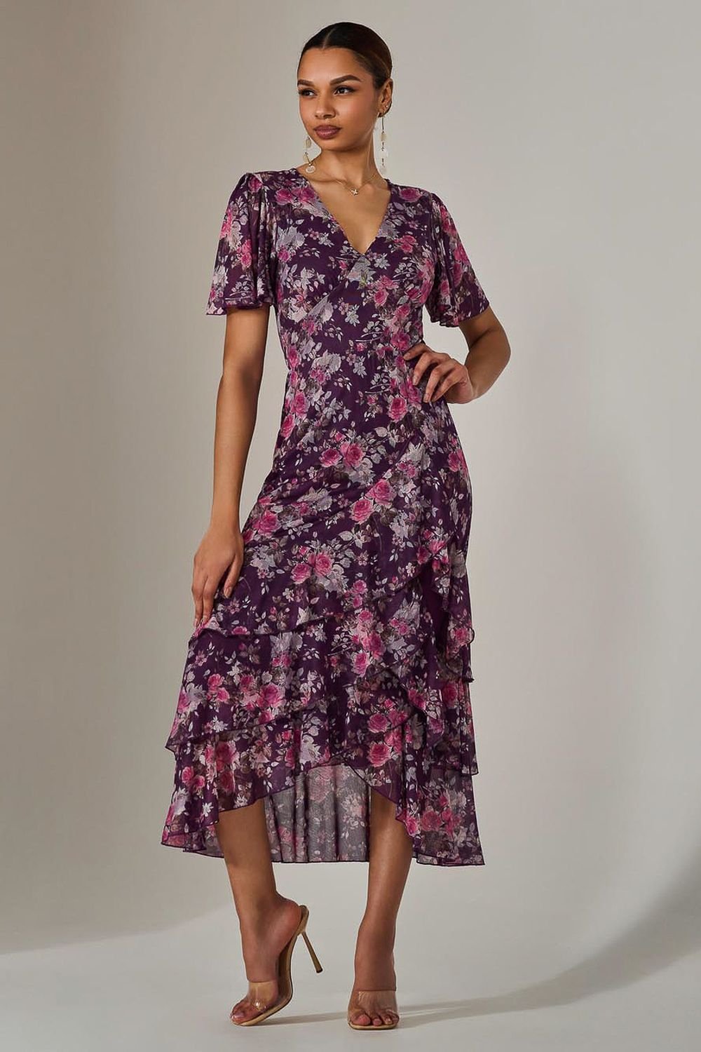 Jolie Moi Jolie Moi Women's Mesh Print Frill Hem Midaxi Dress in Purple - 2