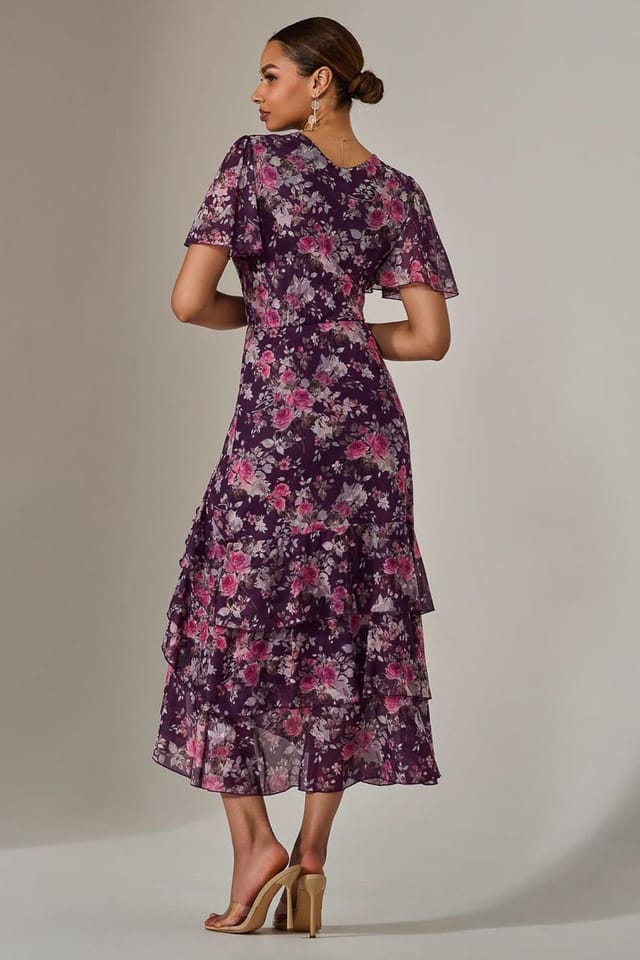 Jolie Moi Jolie Moi Women's Mesh Print Frill Hem Midaxi Dress in Purple - 2