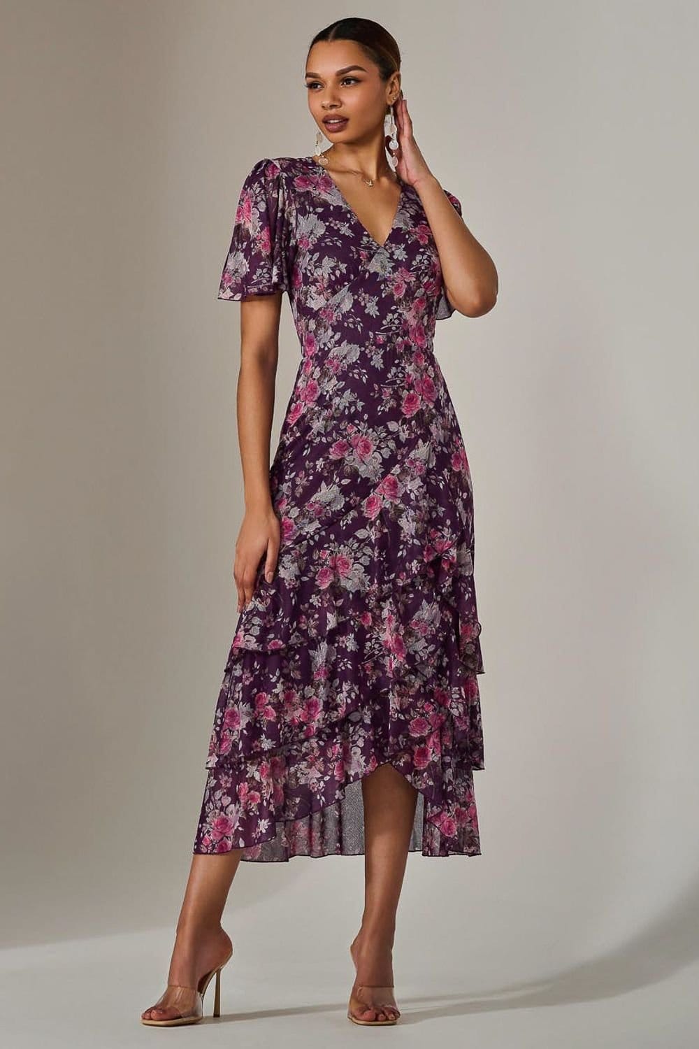 Jolie Moi Jolie Moi Women's Mesh Print Frill Hem Midaxi Dress in Purple - 4