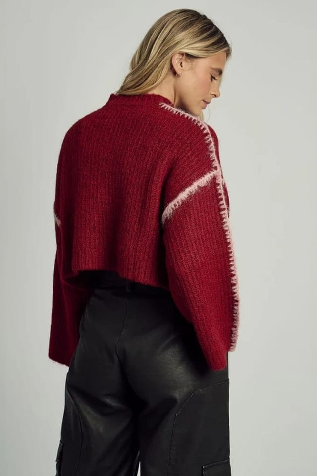 Native Youth Native Youth Women's High Neck Contrast Stitch Wide Flared Jumper in Burgundy - 2