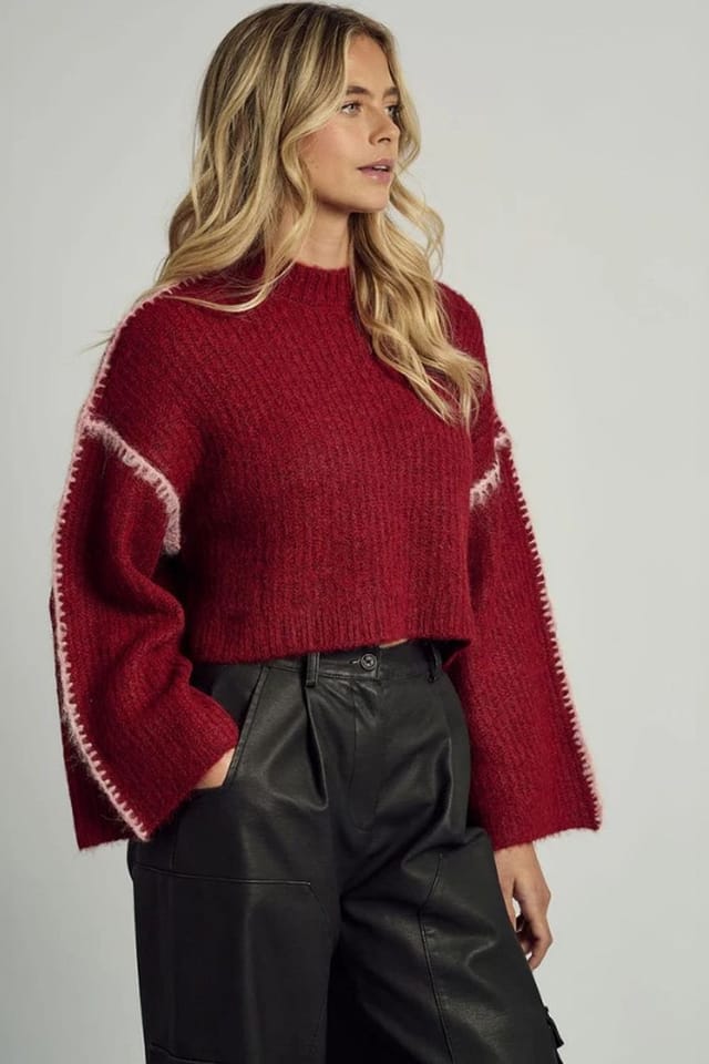 Native Youth Native Youth Women's High Neck Contrast Stitch Wide Flared Jumper in Burgundy - 3