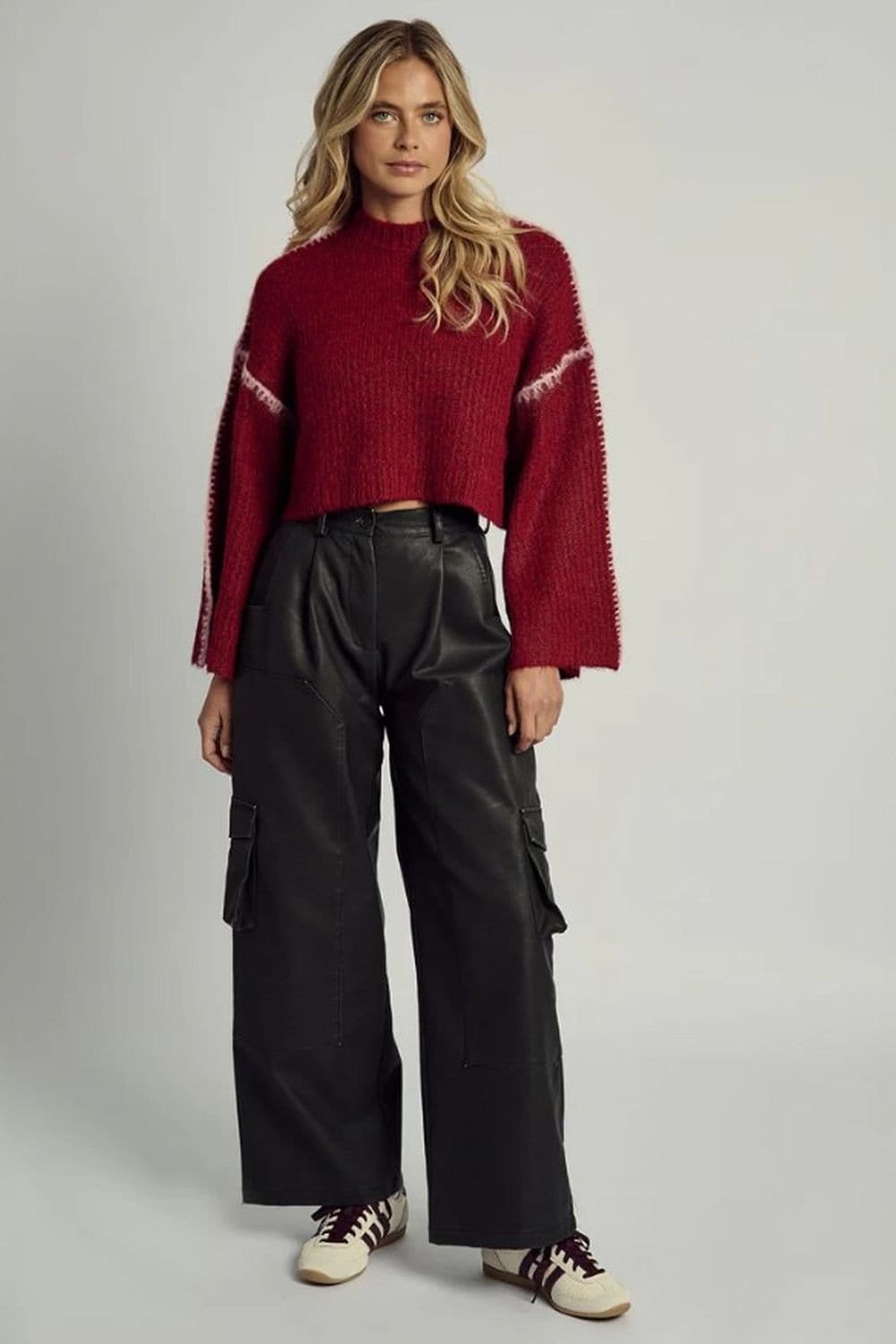 Native Youth Native Youth Women's High Neck Contrast Stitch Wide Flared Jumper in Burgundy - 4