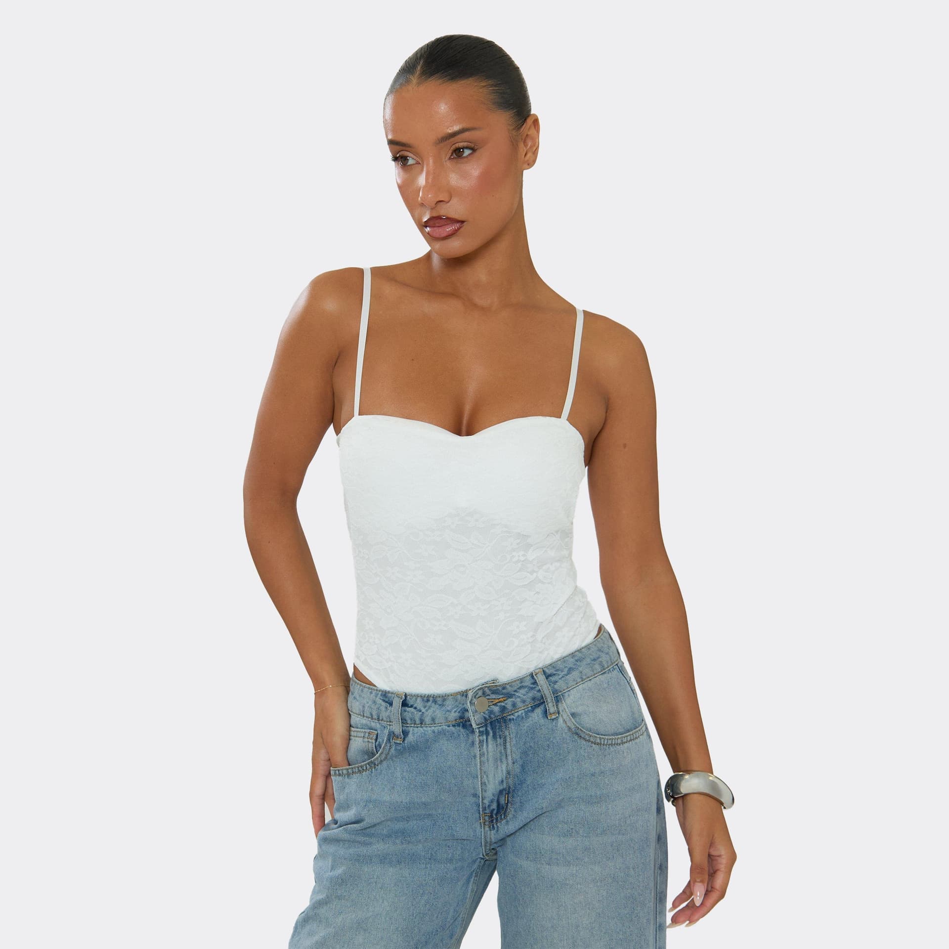 EGO Sweetheart Neckline Bodysuit In White Lace, Women's Size UK 6