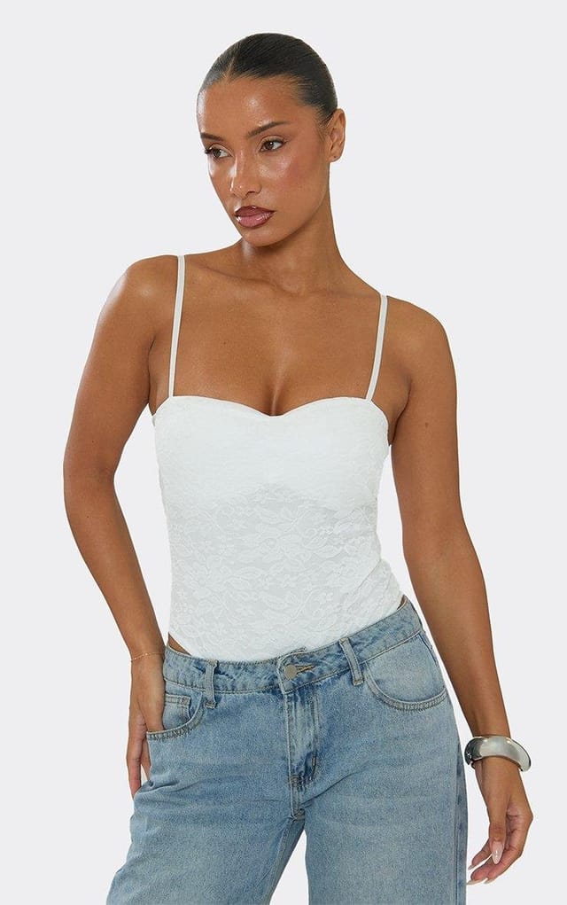 EGO Sweetheart Neckline Bodysuit In White Lace, Women's Size UK 6 - 2