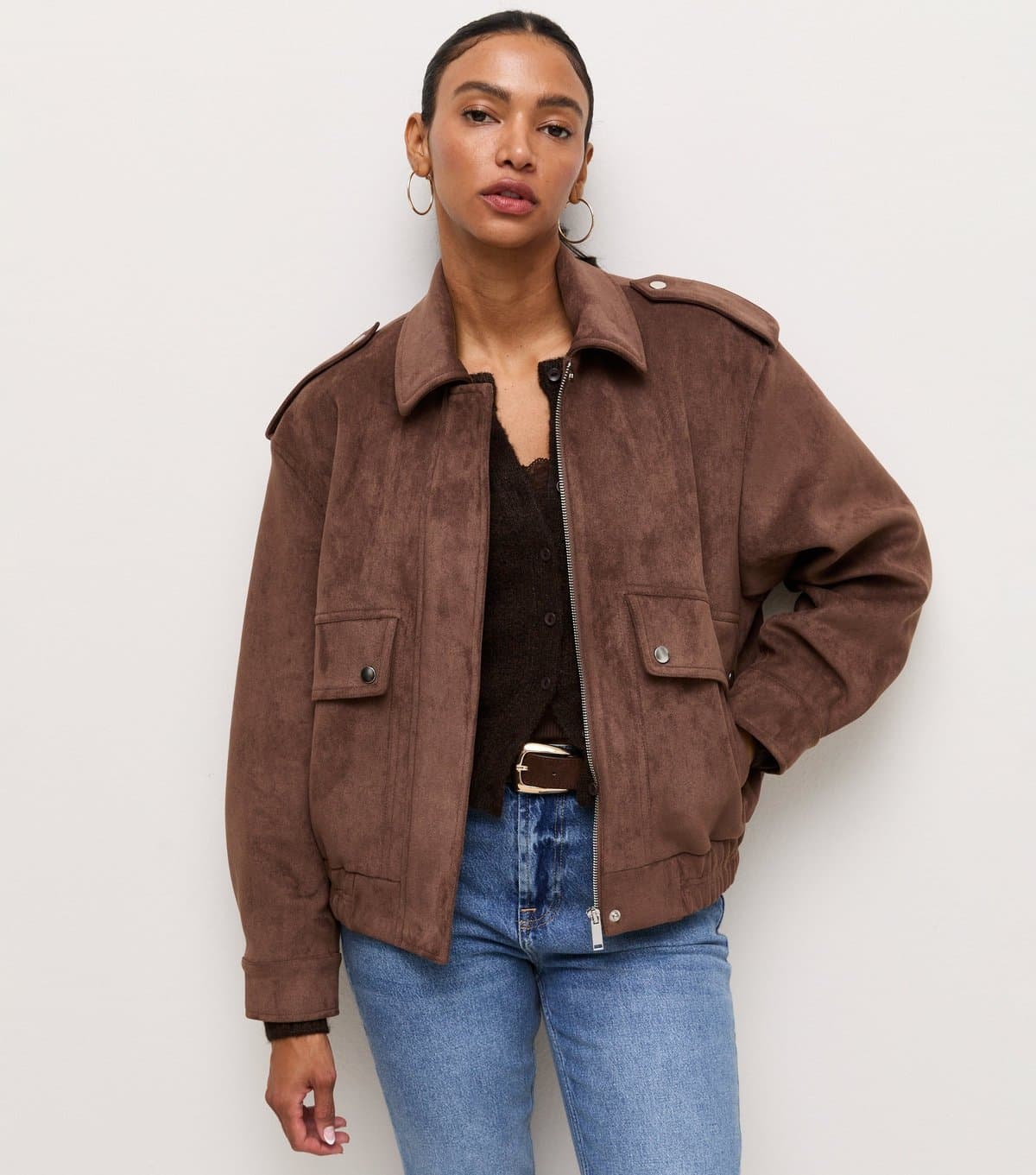 New Look Women's Brown Faux Suede Pocket Front Bomber Jacket New Look