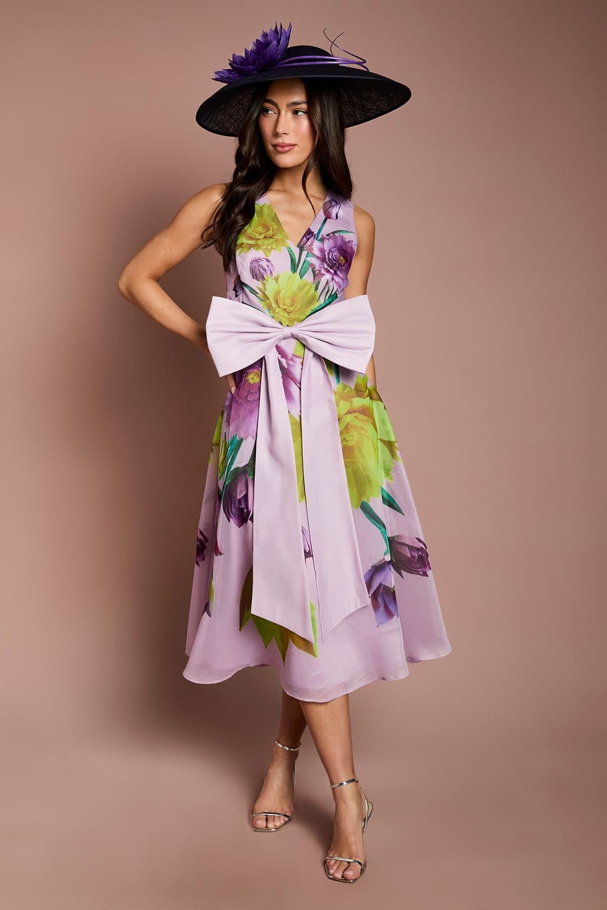 Coast Coast Women's Lisa Tan Bow Front Floral Midi Dress in Lilac