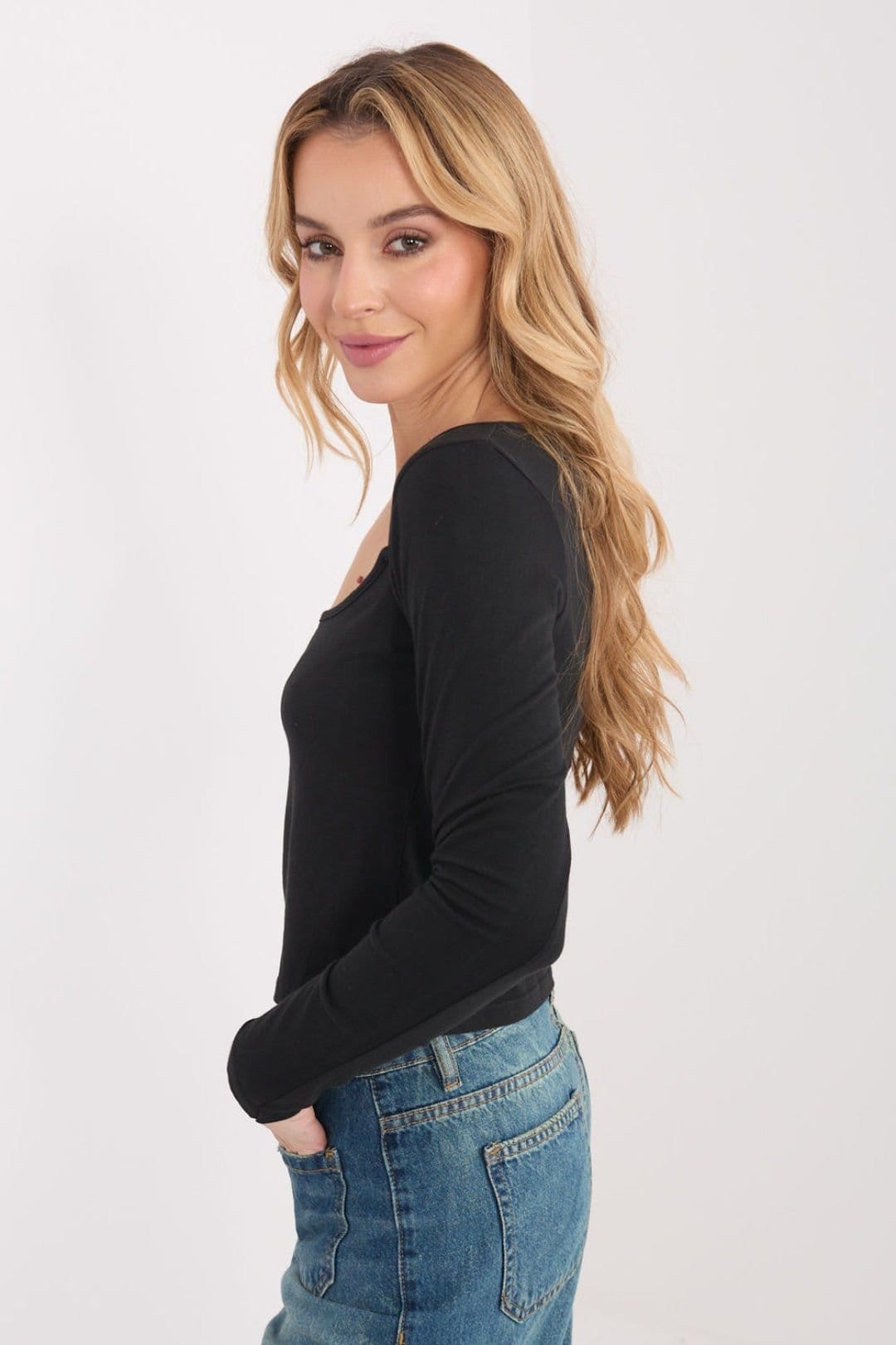 Love Lace Love Lace Women's Minimalist Fitted Long Sleeve Cotton Blouse in Black - 4