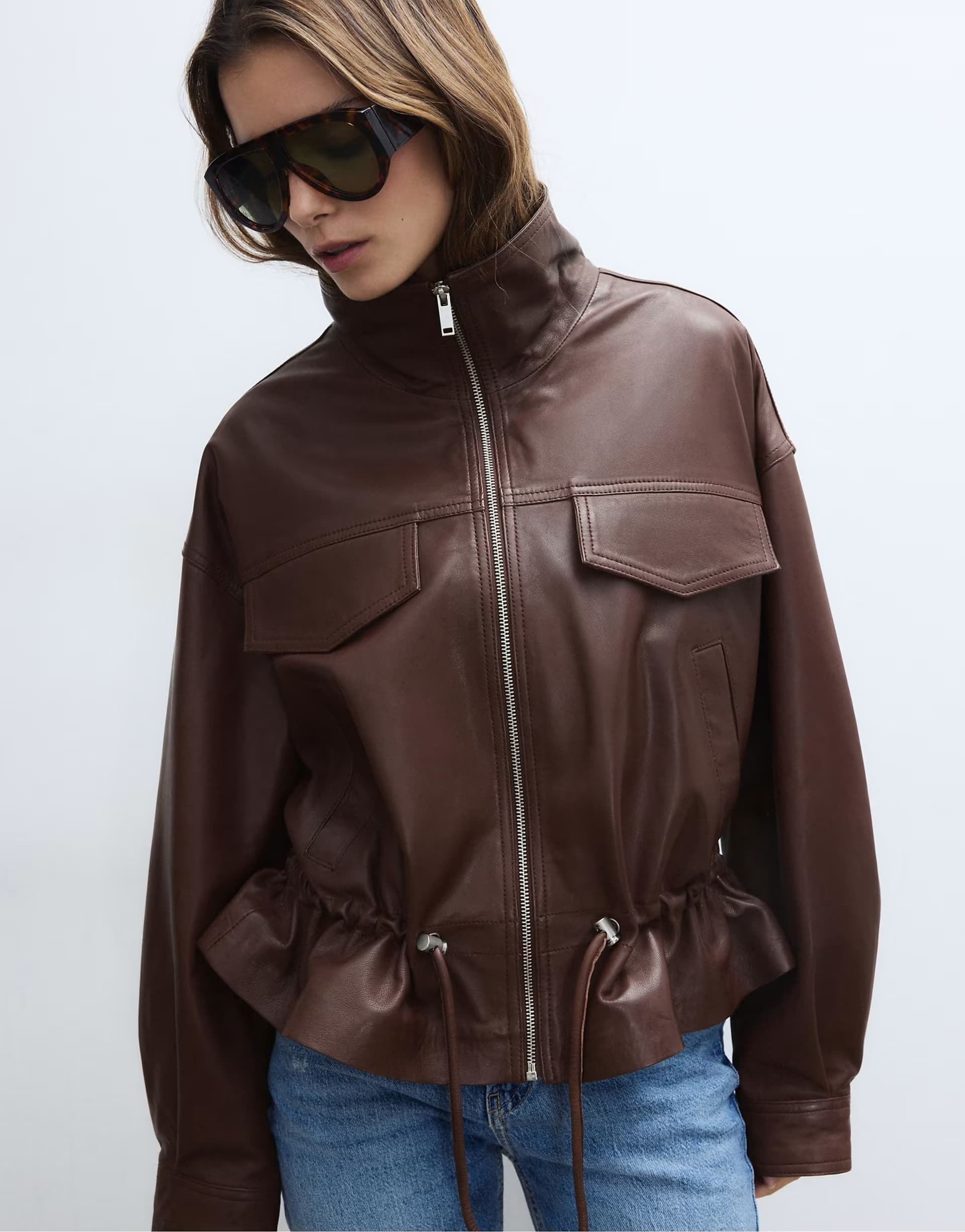 ASOS Stradivarius Leather jacket with adjustable pockets in brown