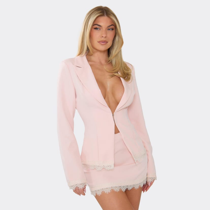EGO Lace Trim Longline Blazer In Baby Pink, Women's Size UK 6 - 1