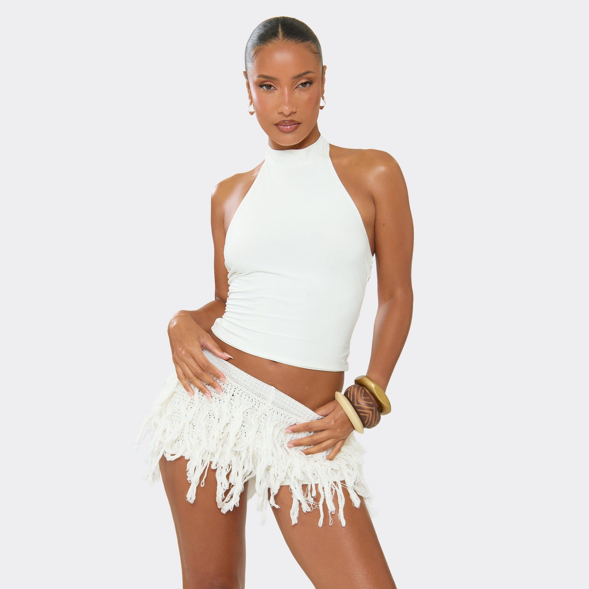 EGO Cream Knit Fringe Mini Shorts For Women
