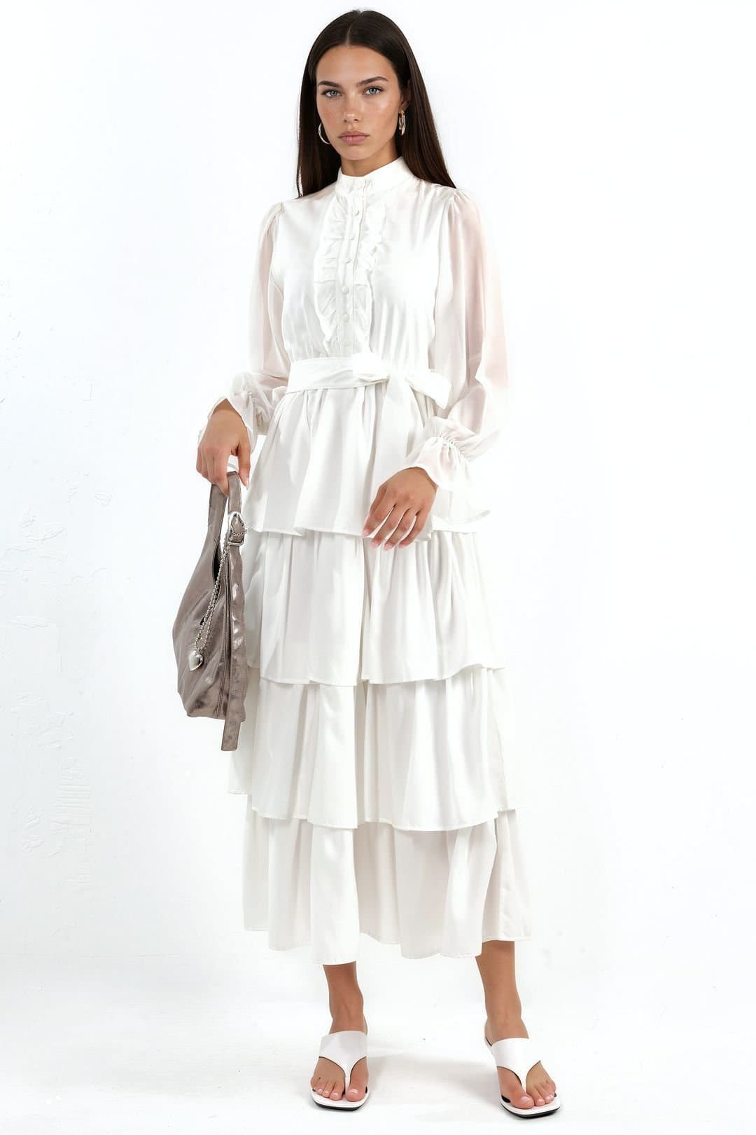 MSN Collection MSN Collection Women's A-line Maxi Dress With Crew Neck & Buttons in White