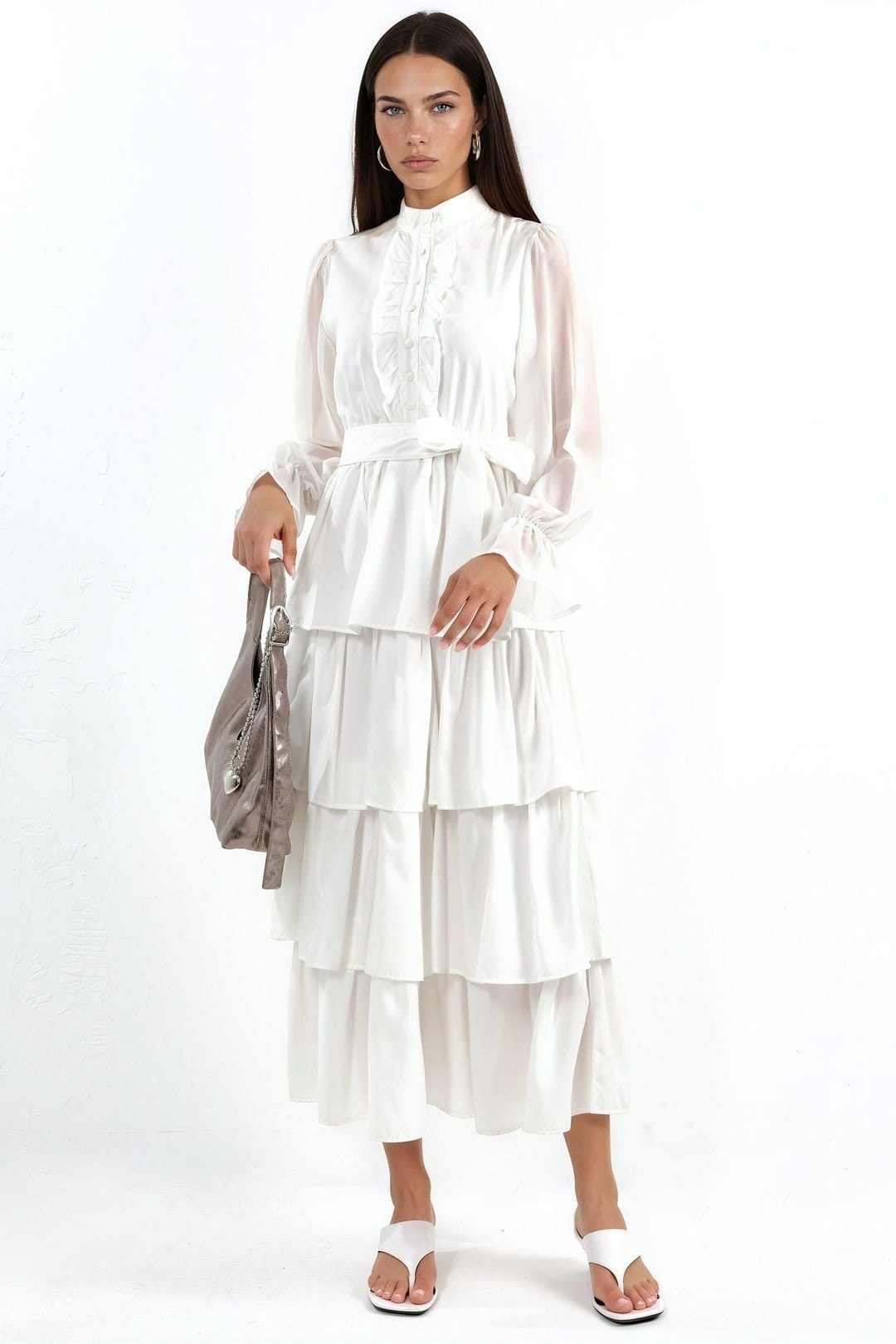MSN Collection White A-line Maxi Dress with Crew Neck & Buttons