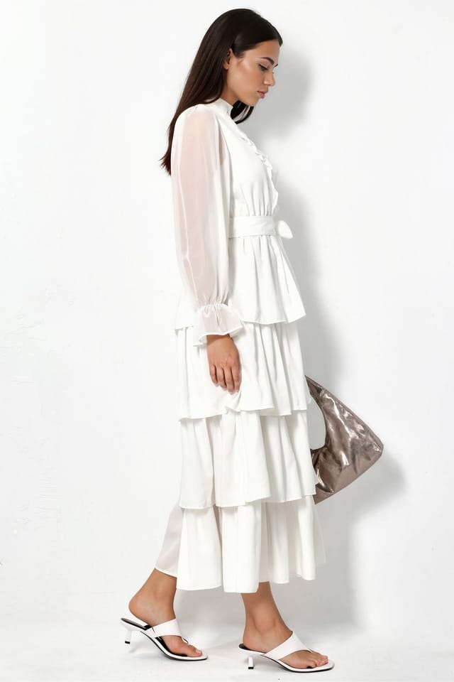 MSN Collection MSN Collection Women's A-line Maxi Dress With Crew Neck & Buttons in White - 2
