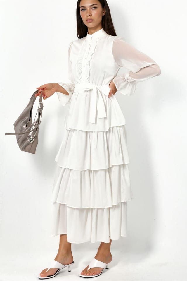 MSN Collection MSN Collection Women's A-line Maxi Dress With Crew Neck & Buttons in White - 3