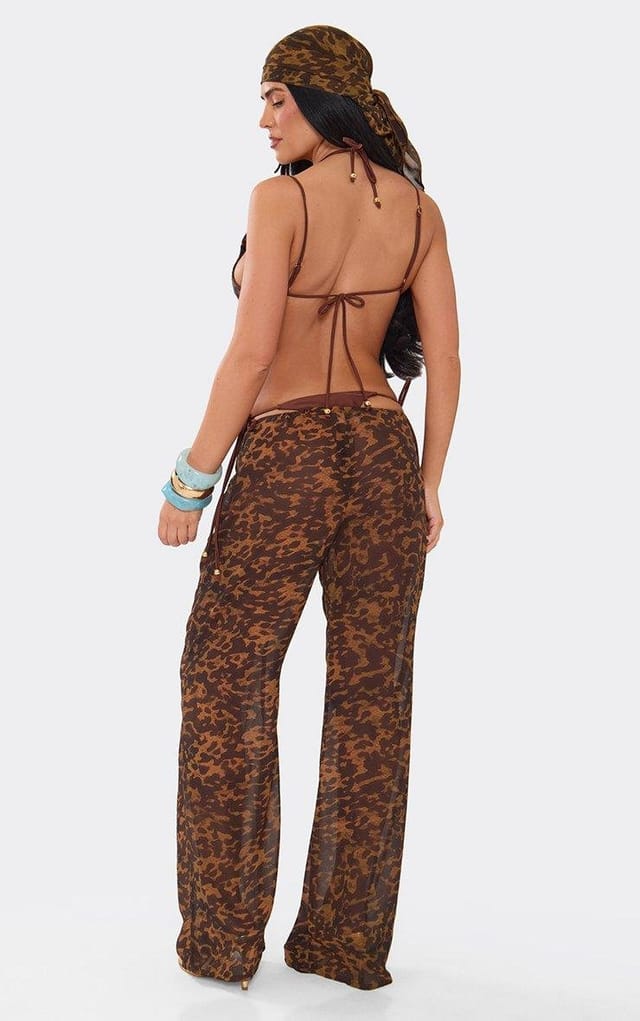 EGO Low Rise Tie Front Flared Trouseres With Matching Headscarf In Brown Animal Print, Women's Size UK 6 - 2
