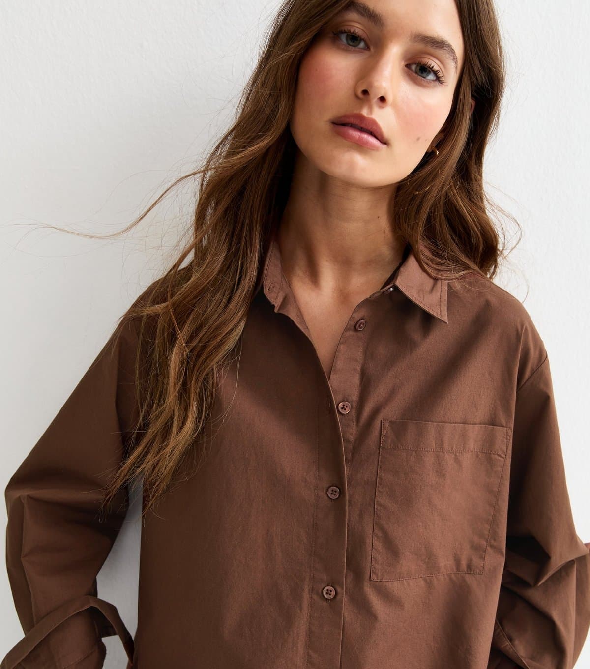 New Look Women's Dark Brown Poplin Curved Hem Shirt New Look