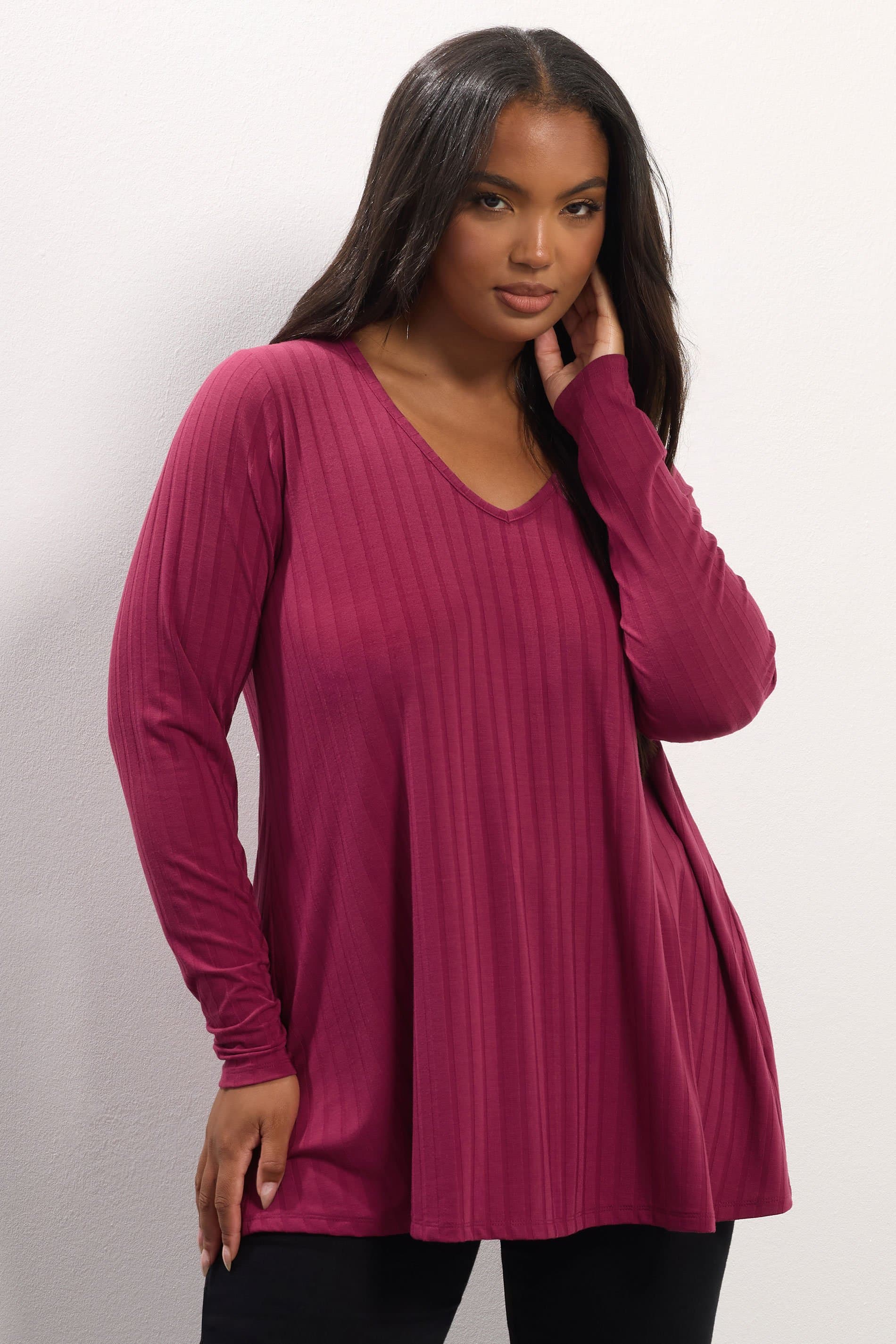 Yours Plus Size Dark Pink Ribbed Swing Tshirt