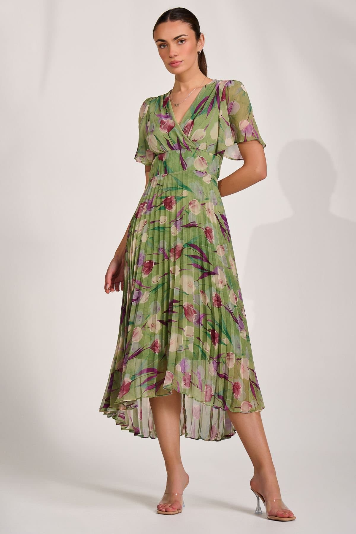 Jolie Moi Jolie Moi Women's Chiffon Pleated Maxi Dress in Bright Green