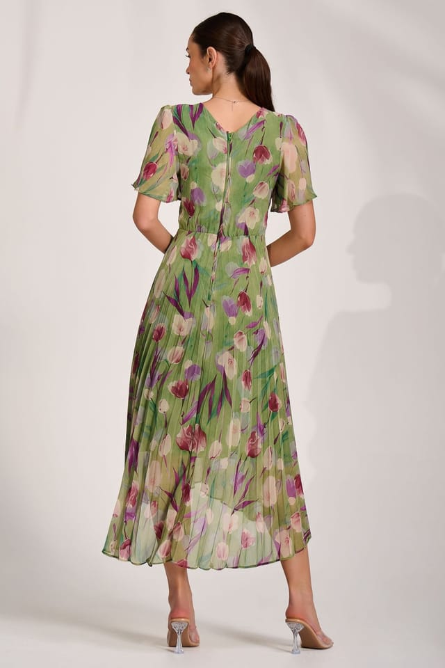 Jolie Moi Jolie Moi Women's Chiffon Pleated Maxi Dress in Bright Green - 2