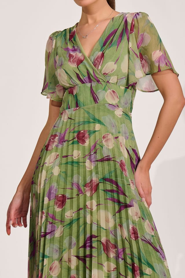 Jolie Moi Jolie Moi Women's Chiffon Pleated Maxi Dress in Bright Green - 3