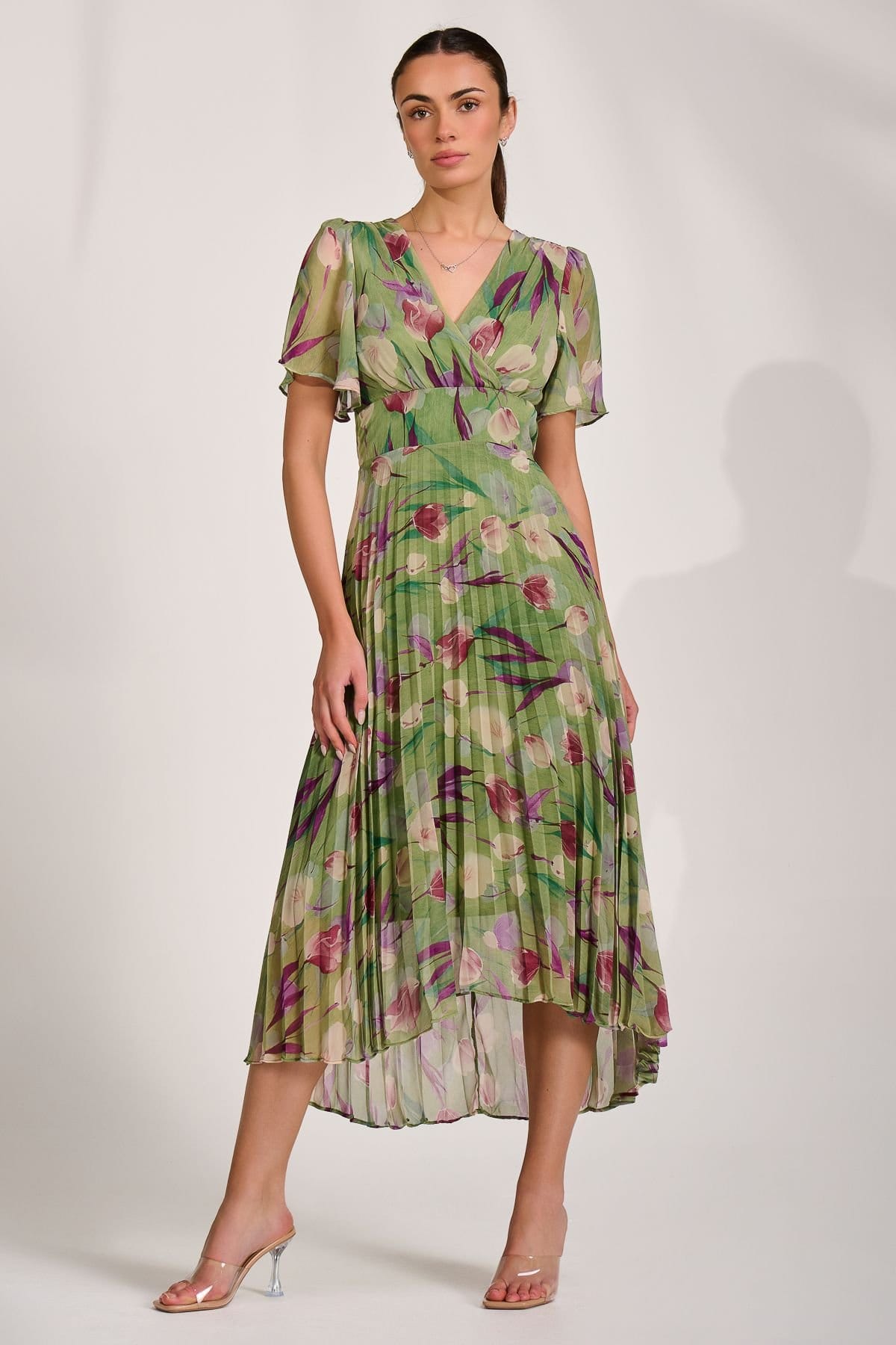 Jolie Moi Jolie Moi Women's Chiffon Pleated Maxi Dress in Bright Green - 4