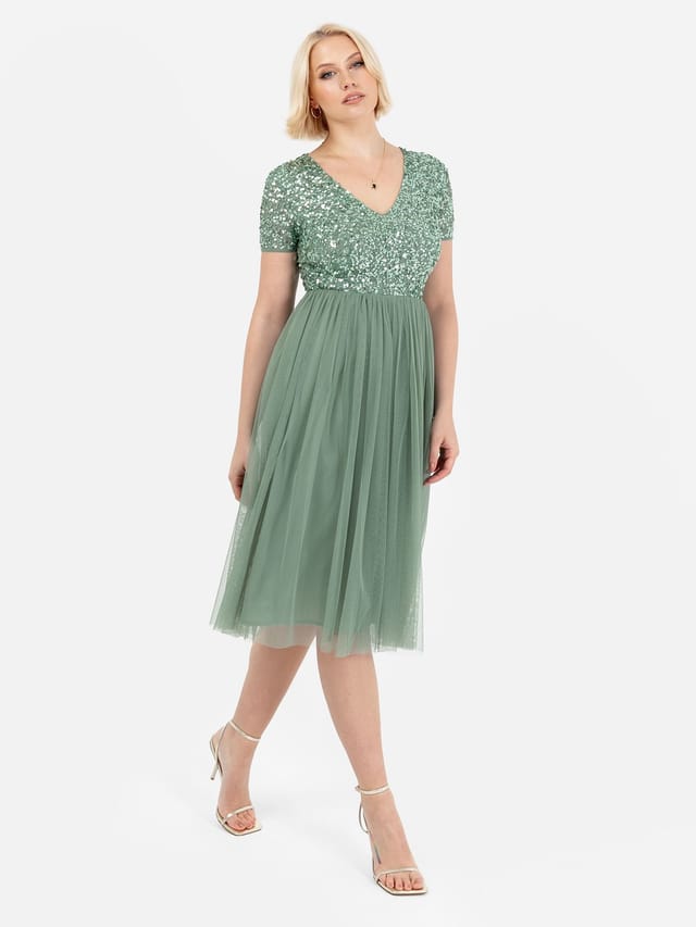 Maya Deluxe Maya Deluxe Women's Short Sleeve V Neck Embellished Midi Dress in Dark Green - 2