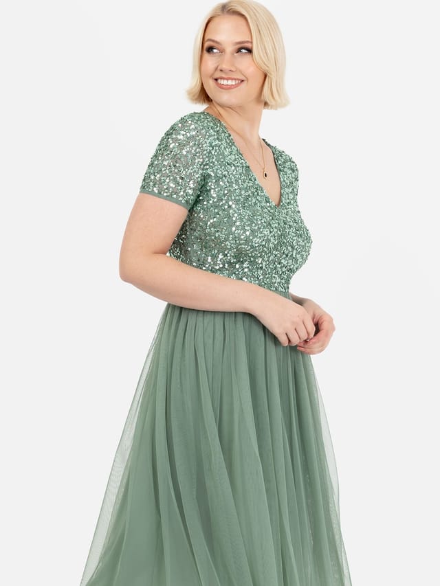 Maya Deluxe Maya Deluxe Women's Short Sleeve V Neck Embellished Midi Dress in Dark Green - 3