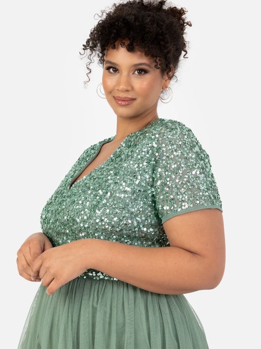 Maya Deluxe Maya Deluxe Women's Short Sleeve V Neck Embellished Midi Dress in Dark Green - 4