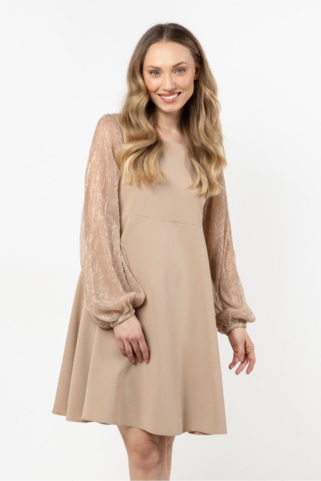 Love Lace Love Lace Women's Elegant Trapeze Evening Dress with Tulle Sleeves in Beige