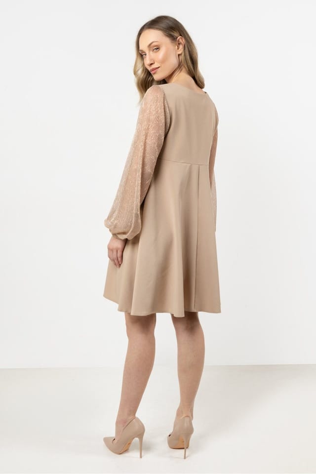 Love Lace Love Lace Women's Elegant Trapeze Evening Dress with Tulle Sleeves in Beige - 3