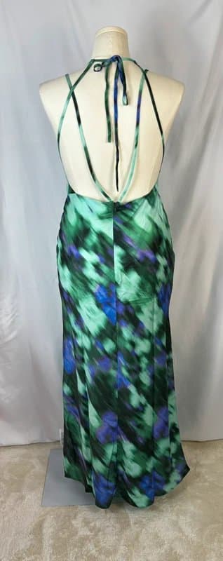 ASOS Design UK 16 ASOS Design Satin Halter Open Back Maxi Dress Green Blur Abstract