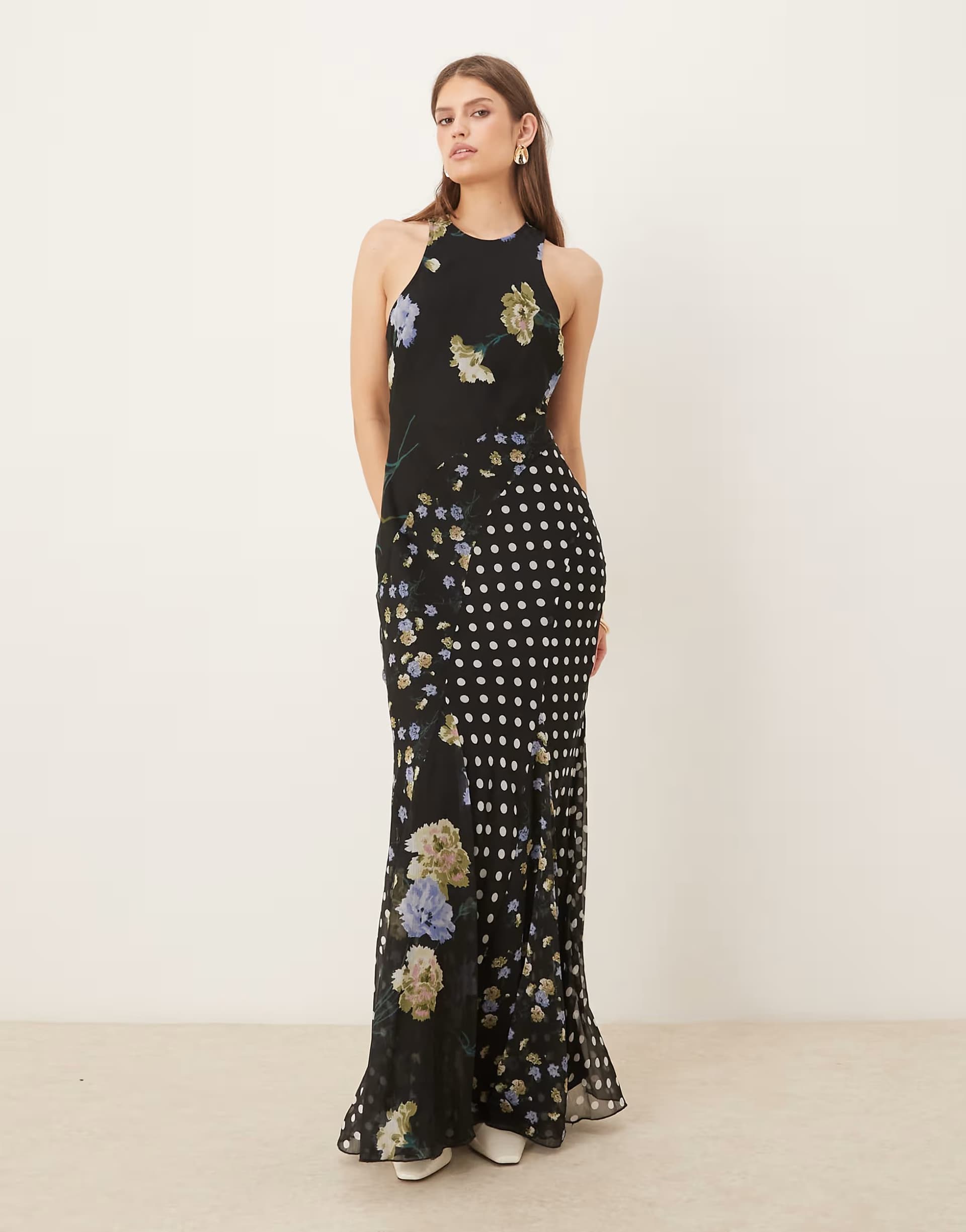 ASOS ASOS DESIGN racer neck bias maxi dress with godet hem in mixed floral spot print