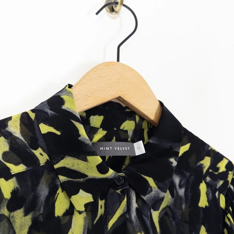 Mint Velvet Animal Print Sheer Blouse Size 12 Black Lime Green