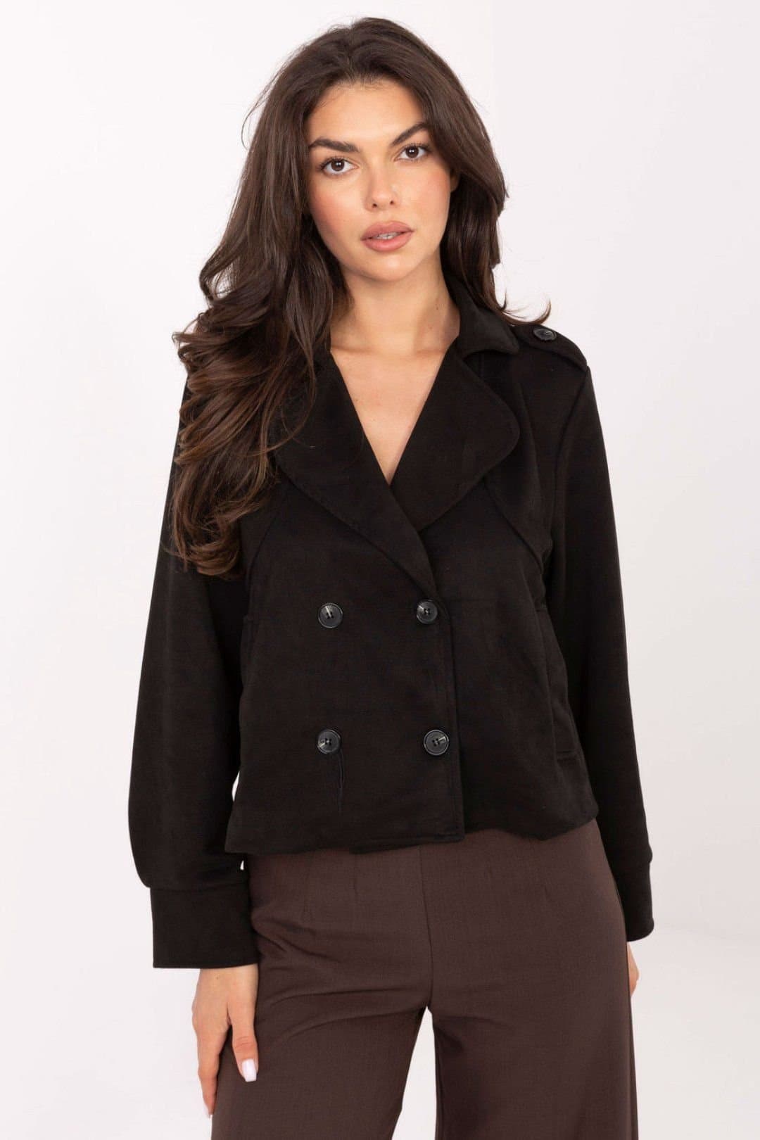Love Lace Love Lace Women's Short Suede Style Double Breasted Coat in Black