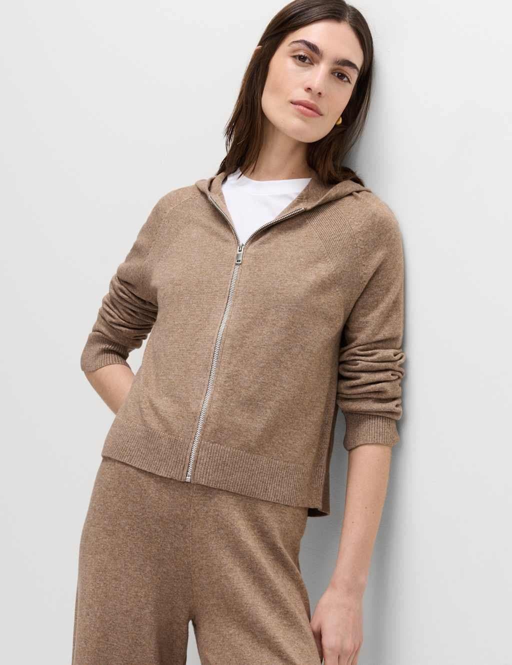 Marks & Spencer M&S Knitted Zip Up Cropped Hoodie Hazelnut