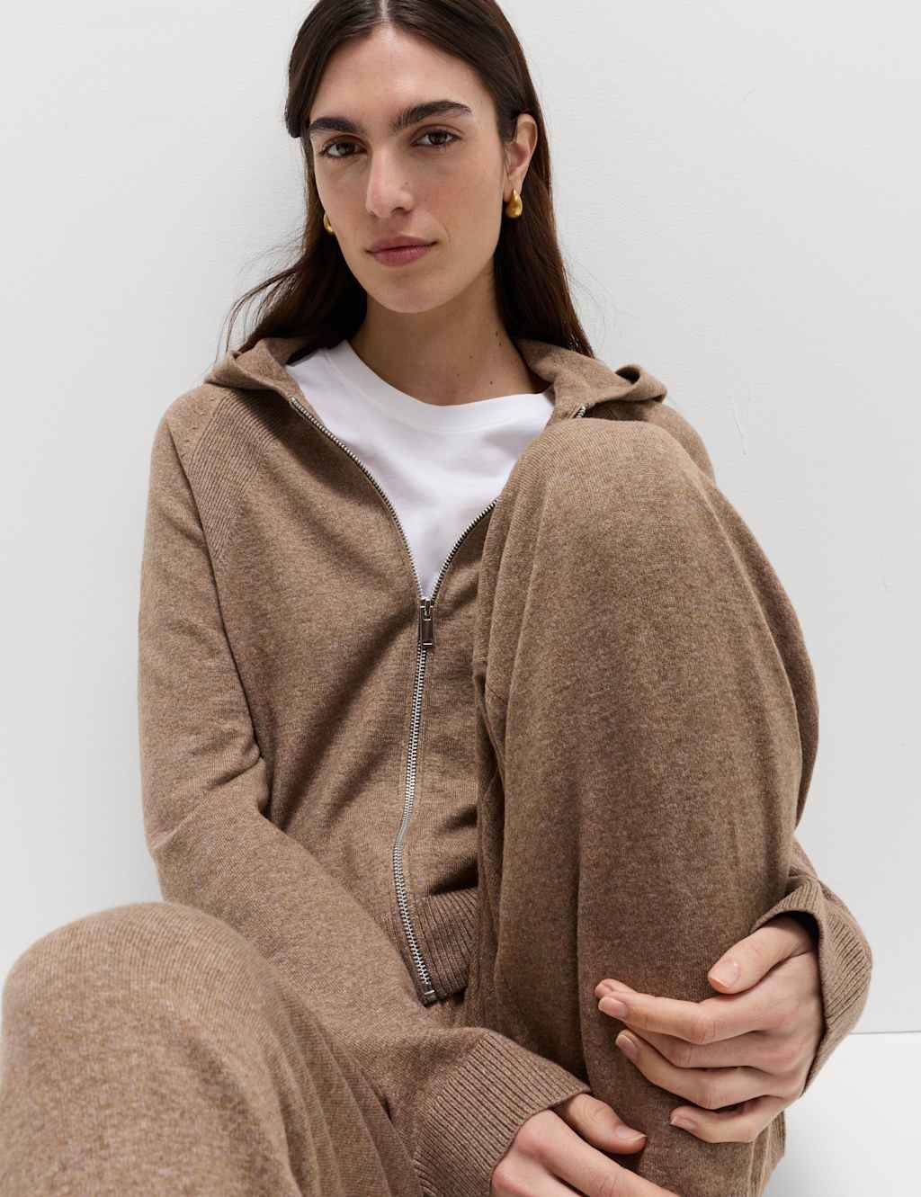 Marks & Spencer M&S Knitted Zip Up Cropped Hoodie Hazelnut - 3