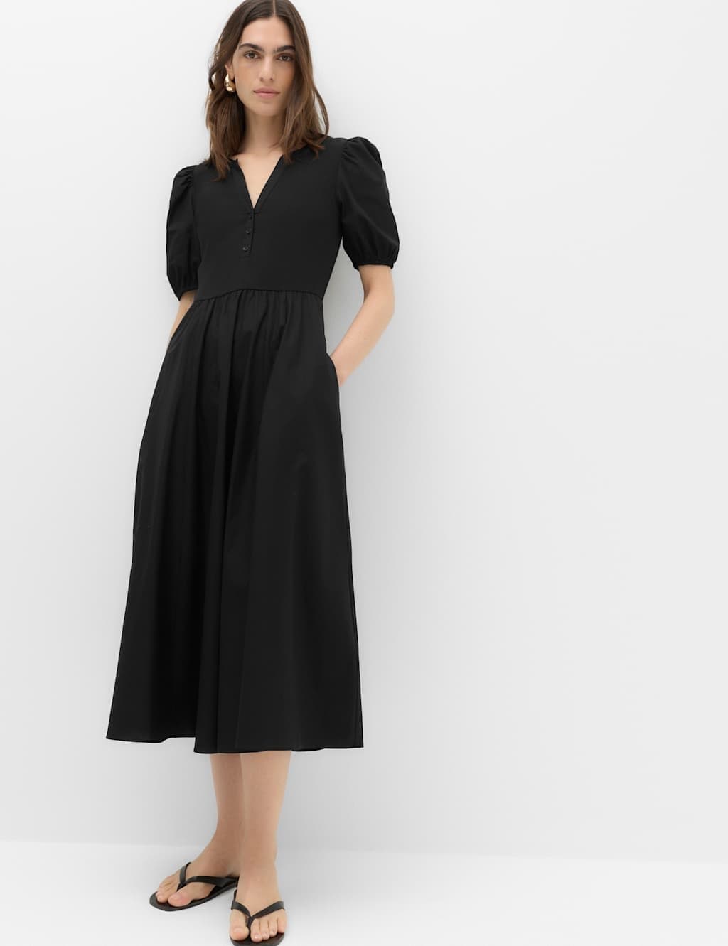 Marks & Spencer M&S Pure Cotton V-Neck Midi Waisted Dress Black