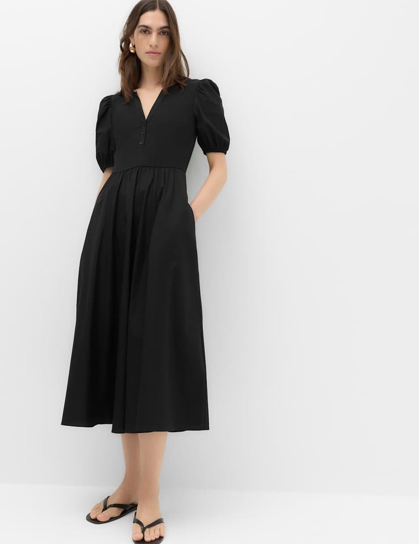 Marks & Spencer M&S Pure Cotton V-Neck Midi Waisted Dress Black - 1