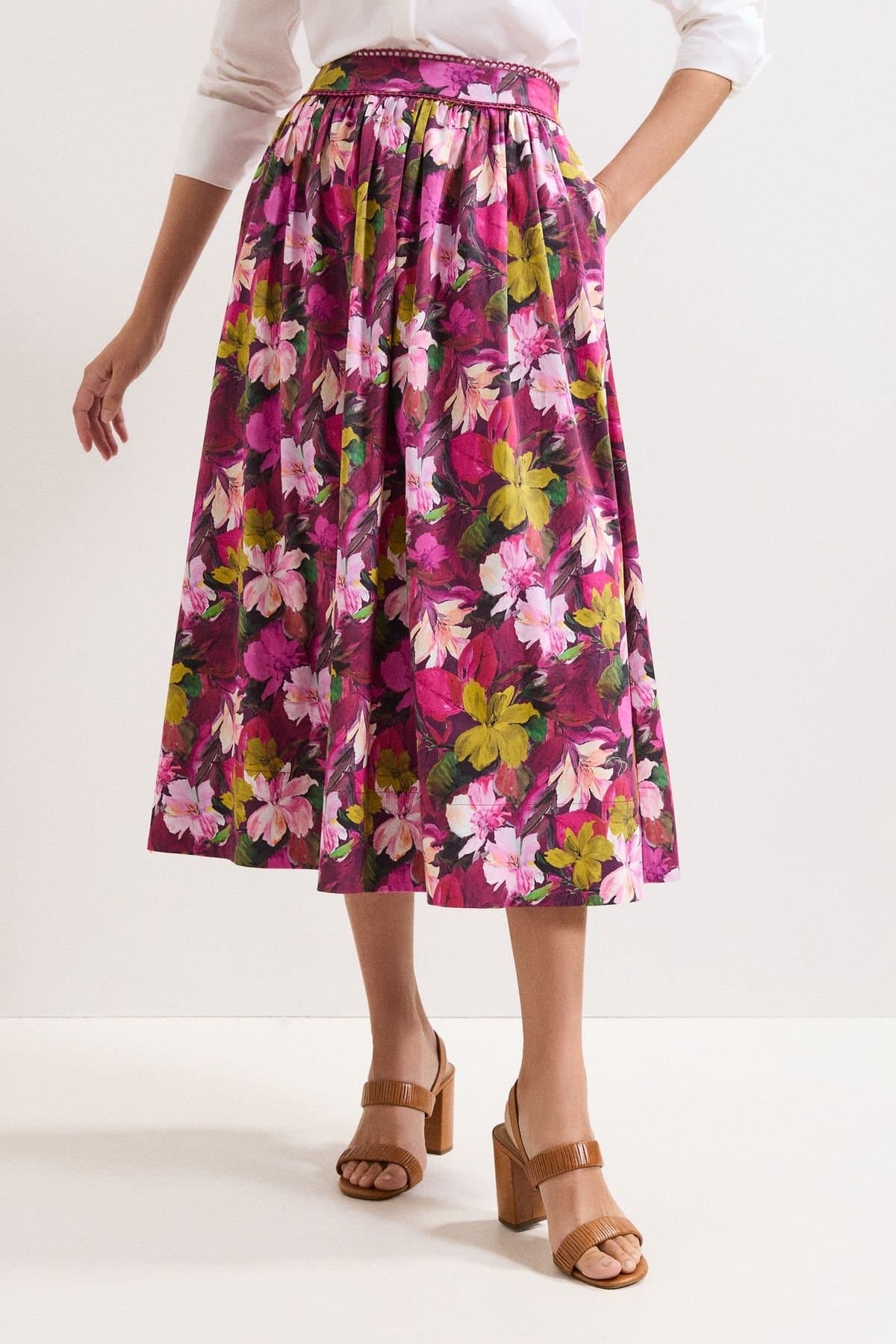 Phase Eight Phase Eight Women's Arina Floral Poplin Lace Trim Midi Skirt in Fuchsia