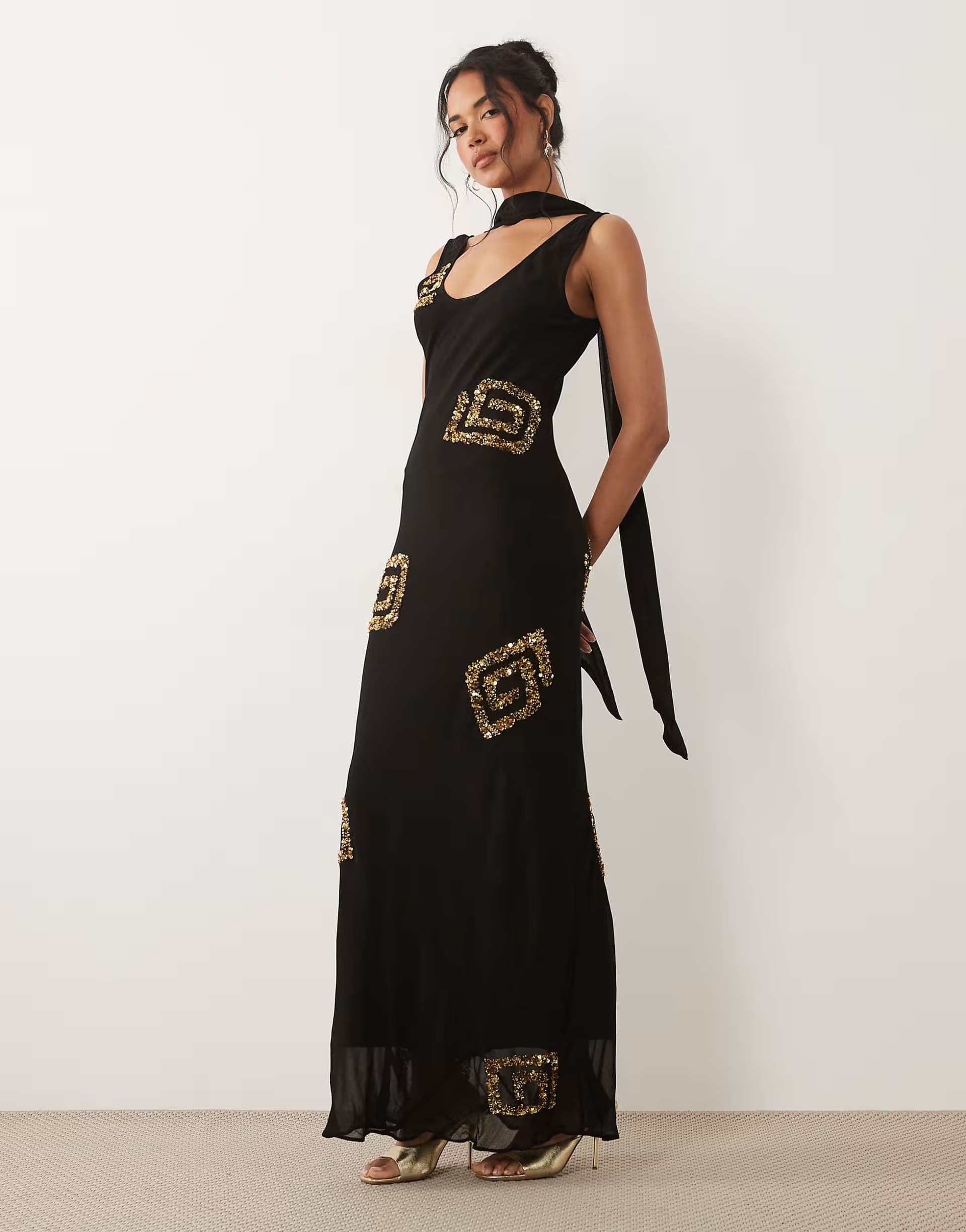 ASOS Never Fully Dressed Simona scarf neck sleeveless sequin detail maxi dress in black 