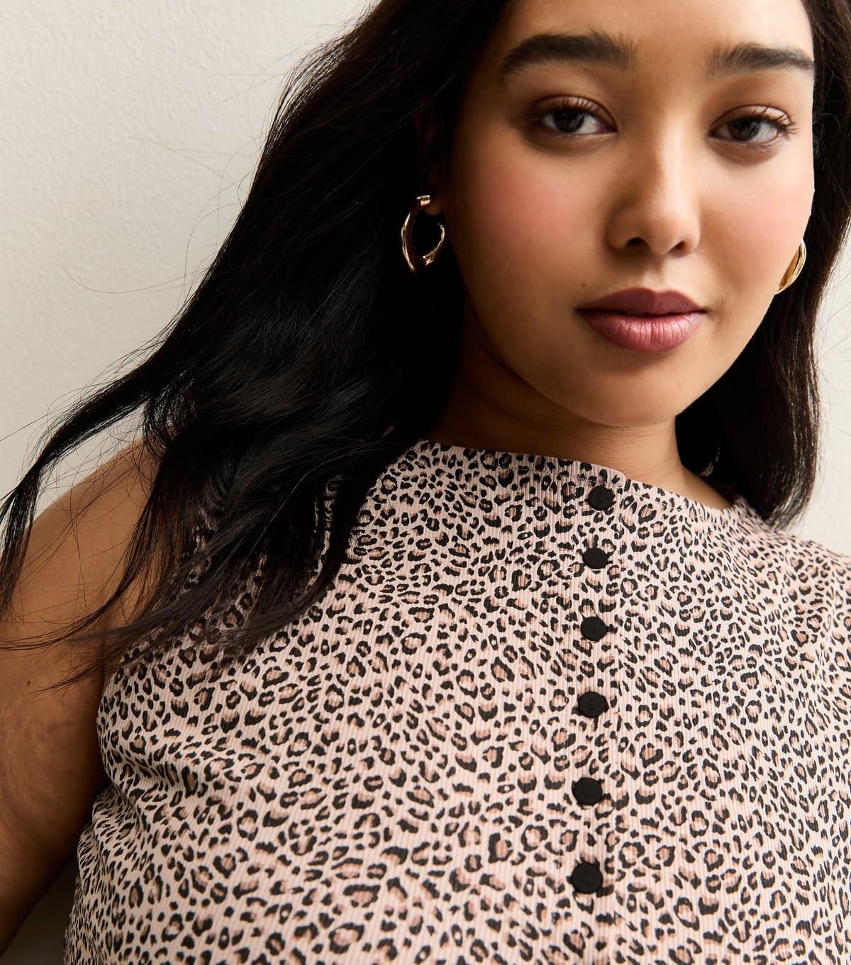 New Look Women's Plus Size Brown Cotton Rich Leopard Print Button Through Tank Top Curves New Look