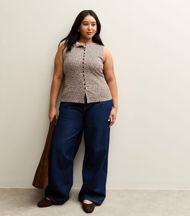 New Look Women's Plus Size Brown Cotton Rich Leopard Print Button Through Tank Top Curves New Look - 2