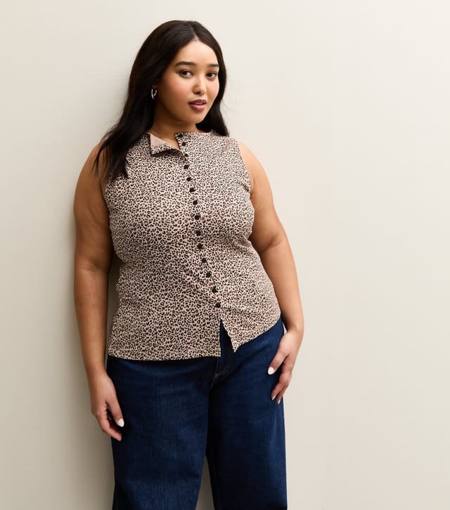 New Look Women's Plus Size Brown Cotton Rich Leopard Print Button Through Tank Top Curves New Look - 3