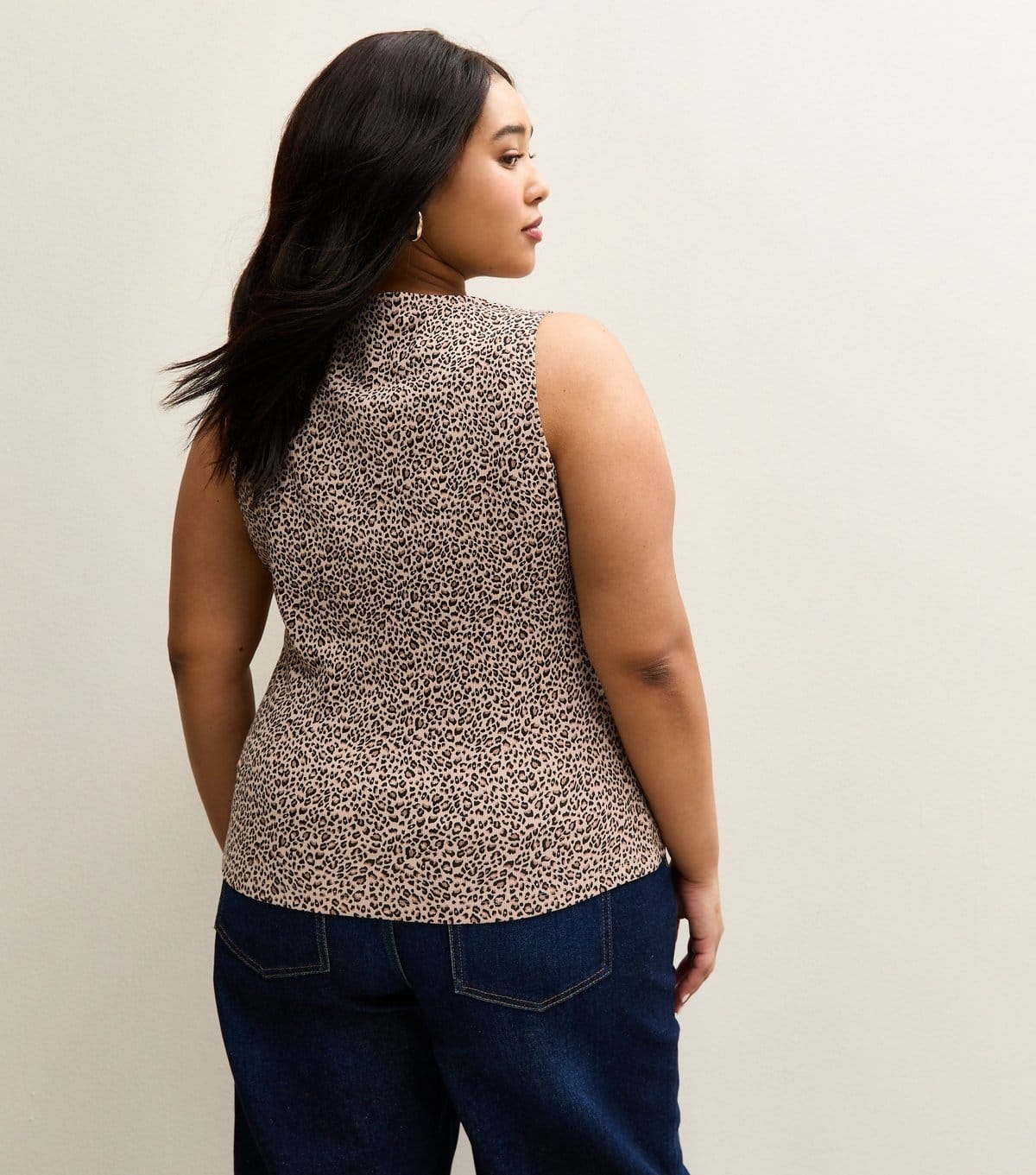 New Look Women's Plus Size Brown Cotton Rich Leopard Print Button Through Tank Top Curves New Look - 4