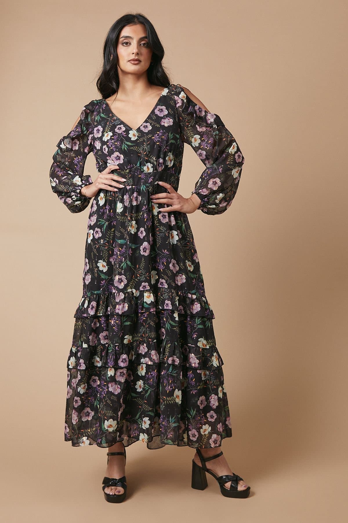 Oasis Oasis Women's Occasion Floral Printed Metallic Cold Shoulder Midaxi Dress