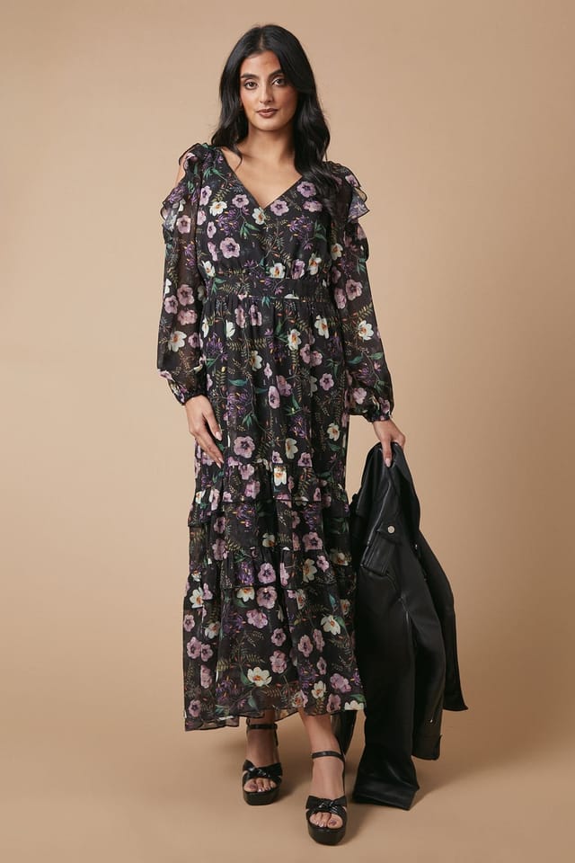 Oasis Oasis Women's Occasion Floral Printed Metallic Cold Shoulder Midaxi Dress - 2